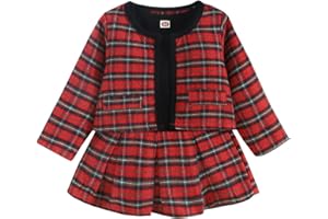 Carolilly 2 Pcs Ensemble de Vêtement pour Enfant Fille Robe Manche Longue + Veste à Carreaux Tenue de Vêtement Chic Automne Printemps Hiver