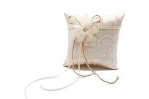 PEZEEU Cuscino per anelli da matrimonio, con nastro di raso, stile vintage, 15 x 15 cm, in iuta, con fiori di pizzo, rustici, per matrimonio