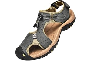 rismart Men's Closed-Toe Hook&Loop Outdoor Hiking Leather Shoes Sandals