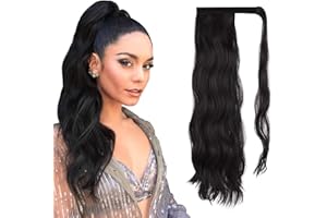 FESHFEN Long Wavy Ponytail Extensions 60cm Body Wavy Wrap Around Hair Ponytails Curly Clip in Synthetic Hairpieces for Women Girls, Natural Black