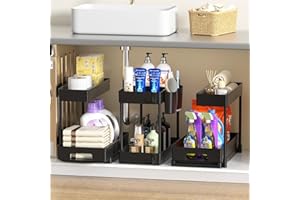 Cinnani Organizador Bajo Fregadero con 2 Niveles,3 Paquete Estanteria Bajo Fregadero Extraible,Organizador Cocina con 8 Ganchos y 2 Tazas,Estante de Almacenamiento Bajo Fregadero para Cocina Baño