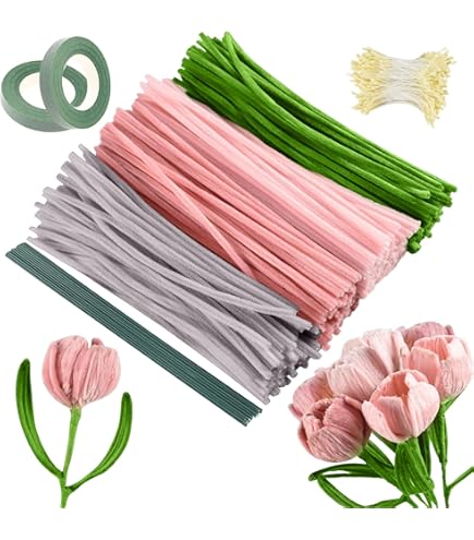 Kit Fleurs En Fil Chenille - 400 Tiges, 4 Couleurs, Centres Floraux, Tiges Vertes, Ruban, DIY Créatif
