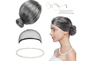 MIVAIUN 5-częściowy zestaw do przebrania Babci, zestaw do kostiumu, zestaw do kostiumu, szara peruka, pasek na okulary, naszyjnik z koralikami