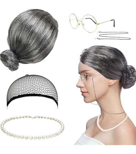 Ensemble de costumes de vieille dame Grand-mère perruque de grand-mère Casquette Madea Granny Lunettes Chaînes de lunettes Cordons Fausse perle Collier de perles Old Lady Cosplay Set 5 pièces (gre