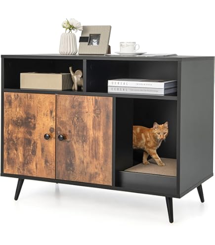 COSTWAY Kattenbakkast met krabboom, kattenkast voor kattenbak met kattenhuis, ingang, 2 deuren, sisalstam & metalen poten, kattenmeubels, 100 x 50,5 x 91 cm, grijs