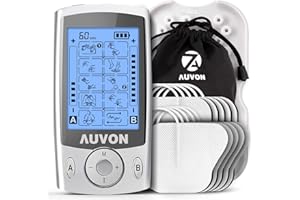 AUVON TENS Electroestimulador Digital, de doble canal para aliviar el dolor, electroestimulador TENS de unidad con 20 modos, 10 piezas de electrodos premium de 2"x 2" con diseño patentado