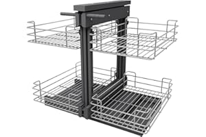 VADANIA Cestello Estraibile Angolo Cucina con Meccanismo Idraulico, Angolo Cieco Sistema Organizzatore per Mobili 800mm, Compatibile Apertura Sinistra/Destra, Cestello a 2 Livelli in Acciaio Inox