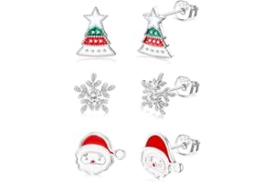 CASSIECA 3 Paia Orecchini Natalizi Argento 925 per Donna Ragazze Orecchini Natale Orecchini a Fiocco di Neve Orecchini Albero di Natale Orecchini Babbo Natale, Gioielli Regalo di Natale con Scatola