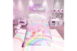 Loussiesd Juego de cama para niñas, diseño kawaii de unicornio y arcoíris, funda nórdica de dibujos animados, galaxia, estrellas, animales, 1 funda de almohada, tamaño individual