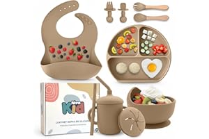 NIVAKID Coffret Repas Bebe en Silicone, Set Vaisselle 1er Age Complet, Idée Cadeau Naissance Bébé sans BPA avec Cuillère, Bavoir, Tasse et Assiette Bebe Ventouse Fille et Garcon, dme Bebe - Beige