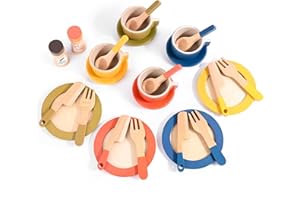 ZWOOS Set di Piatti da Cucina Giocattolo in Legno per Bambini, 26 Pezzi Accessori Cucina Bambini Con Piatto, Tazza E Forchetta, Coloratoper Età 2 3 4 Neutro