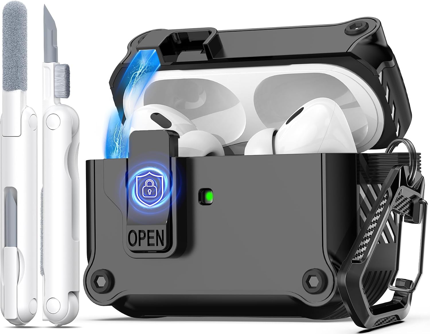 R-fun Compatible con AirPods Pro 2 Gen (Cubierta Auto emergente) con Kit de Limpieza, para Airpods Pro 2/1 Gen (2023/2022/2019), para Estuche Airpods Pro (USB-C/Lightning),Negro