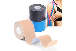 Grunda- 3 Rouleaux kinesio tape，strap sport 5 m x 5 cm，bande Kinesiologie tape, strapping Résistante tape kinesiologie Résiste à l'eau et dure jusqu'à 7 jours (noir x bleu x Beige)