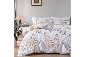 Michorinee Housse de Couette 220x240 Motif Feuilles de Palmier Tropicales Or et Blanc Parure de Lit Botanique Fermeture Éclair - Linge de Lit 2 Personnes Adulte avec 2 Taies d'oreiller 65x65 cm