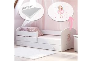 ‎KIDS COLLECTIVE Kids Collective Kinderbett 140x70 cm mit Matratze und Schublade, Rausfallschutz & Lattenrost mit Prinzessinnen Motiv, Mädchenbett, Bett für Mädchen, Prinzessin