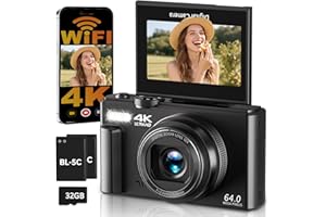 H-BOCAM Digitalkamera 4K 64MP Kamera Fotokamera mit WLAN, 3" 180° Klappdisplay Autofokus Fotoapparat Digitalkamera, 18X Digitalzoom Kompaktkamera mit Selfie für einsteiger, mit 32GB Karte, 2 Batterien