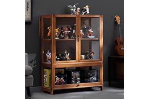 KUYATE Glass display cabinet,Glass door antique cabinet,Antique cabinet display cabinet Natural bamboo frame, single/double door design,Convenient Storage 80x32x106cm/L31.5xW12.6xH41.7in Brown