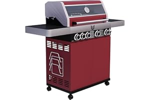 MAXXUS Gasgrill BBQ CHIEF 9.0-4 Edelstahl Brenner + Seitenbrenner, 14 kW, Warmhalterost, Gussrost, Deckel mit Thermometer, Fettauffangwanne, Rot - Grillwagen, Balkongrill, Outdoor BBQ-Grill