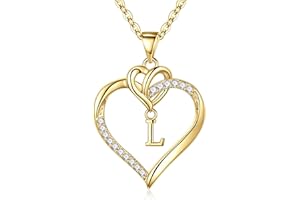 TINGN Coeur Collier Femme Or Argent, 14 Carats Plaqué Or/Or Blanc Chaîne Initiale Collier Femme Zircone Lettre Coeur Pendentif Collier Femme Cadeaux Femme Fille Amie Mère Bijoux Femme Fille Collier