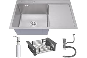 ANW HOME Évier de Cuisine Argent 78x50 cm avec Egouttoir, Bonde à Panier & Distributeur de Savon 350ml, Évier en Acier Inoxydable 304 avec 2 Trous de Robinet et Siphon