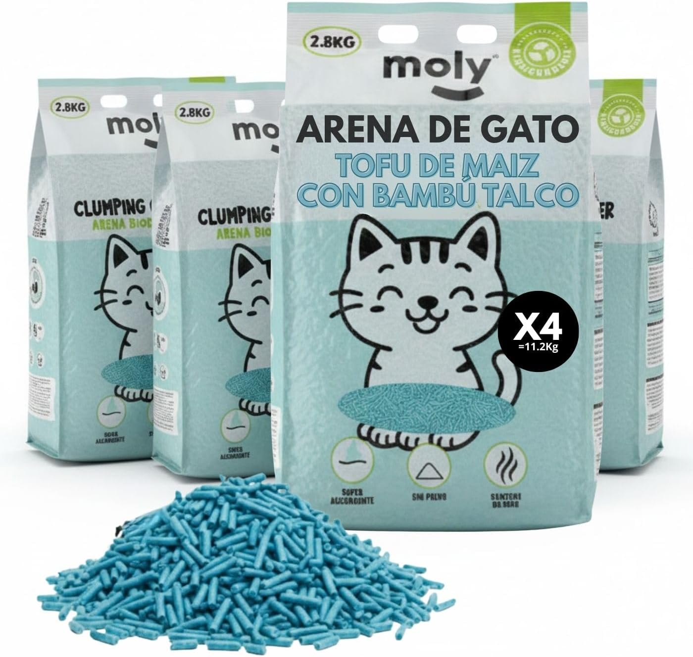 MOLY x4 Arena de Gatos Tofu de Maiz y Bambu 11,2 KG 14,8 L | Arena Biodegradable y Aglomerante Alta Absorcion con Aroma de Talco | Control Total de Olores | Sin Polvo | Lecho Mineral