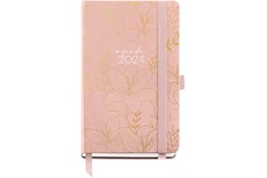 Miquelrius - Agenda Anual 2024, Semana Vista, Tamaño Passport 90 x 140 mm, Cubierta rígida, Encuadernación cosida, Cierre con goma, Catalán, Inglés y Portugués, Rosa con Flores en stamping oro
