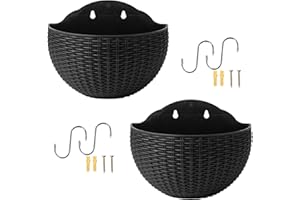 Meindin Lot de 2 Pots de Fleurs muraux en Imitation rotin pour d'extérieur, Demi-Cercle avec Trou de Drainage et Crochets, Support de