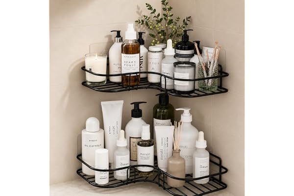 Oslen Pack of 2 No Drill Self Adhesive Bathroom Corner Shelf, Metal Wall Mounted Shower Storage Rack, Bathroom Shelf Organize