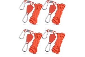 OYUUJII Reflective Tent Guy Ropes,4 Pcs Tent Guy Ropes with Pulley 4 m Heavy Duty Camping Cord Guide Rope with Aluminum Adjuster 4mm Adjustable Ratchet Rope Ratchet with Hooks for Awning Outdoor Tarp Hiking