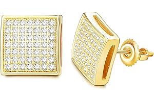 Dochais Mens Gold Earrings Iced Out Large Square Stud Earrings with 925 Sterling Silver Screw Back for Men Women Cubic Zirconia Hip Hop Jewelry