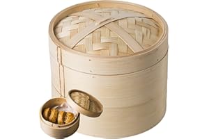 HRIPPY Vaporera De Bambú De 2 Niveles, Cesta Vaporera Para Alimentos De 15cm, Vaporera Pequeña Para Dumplings Para El Hogar, Dim Sum, Verduras, Bollos Y Arroz