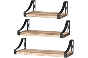 Pipishell Etagères Murales Lot de 3, Étagère Murale Bois et Métal, Etagères Murales de Rangementen Fil Métallique Rustique Charge Maximal 10Kg (Brun)