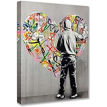 Banksy Graffiti Paintings, Colorful, Love Word, Boy and Girl, 3 Panels Canvas Framed, Giclée, Ready to Hang 105 x 50 cm (W x H