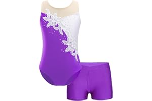 ranrann Enfant Fille Justaucorps Gymnastique sans Manche Strass Paillette Brillant avec Short Tenue Patinage Danse Costume Spectacle 5-16 Ans