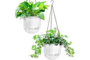 Melphoe Lot de 2 pots de fleurs à suspendre à auto-arrosage pour intérieur et extérieur, 16,5 cm, panier de fleurs à suspendre avec 3 crochets et trous de drainage pour jardin et maison (transparent)