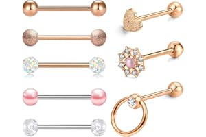 LAURITAMI 8pcs Piercing Languette 16mm Mamelon Barrette en Acier Chirurgical Barbell Droit Crâne Fleur Cristal Noir Piercing Bijoux