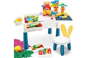 COO11 Kids 85 PCs Building Blocks, Table Chair Set, Construct Race Track Playset, 2 x 500g Magic Motion Sand Large Storage Space Stable Non-Slip Activity Learning Table for Toddlers Ages 3+