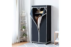 Multigot Fabric Wardrobe, Portable Single Clothing Closet with Hanging Rail and Zippers, Foldable Clothes Storage Organizer for Clothes, Bags and Toys (Black)