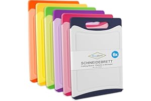 MaxxGoods Lot de 6 planches à découper en plastique - 20 x 15 cm - Antibactériennes - Passe au lave-vaisselle - Avec rainure à jus et poignée - Sans plastifiant - Sans BPA - 6 couleurs