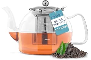 HEFTMAN Glass Teapot 1200ml - Clear Glass Teapot with Infuser for Loose Tea, Serves 3-6 Cups, Heat Resistant Borosilicate, with Non-Dripping Spout & Removable Stainless Steel Strainer/Lid - 1.2L