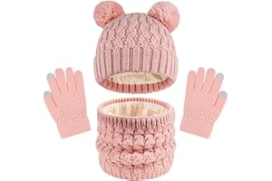 QKURT Set di berretto, sciarpa e guanti per bambini, set di accessori caldi in maglia colorata invernale, guanti per schermo touchscreen, morbido cappello caldo con pompon e sciarpa mitten