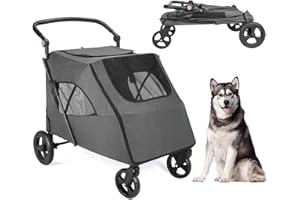 AESRAOU Dog Travel Stroller with 4 Heavy Duty Wheels, Pet Stroller with Adjustable Handle - Large Capacity Jogger Wagon with Back Front Door for Small Medium Large Dogs Outdoor (Dark Grey)