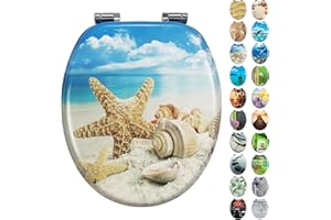 Fanmitrk WC Sitz mit Absenkautomatik, Hochwertiger Toilettendeckel Stabil und Wackelt Nicht, MDF Holzkern Klodeckel, Einfache Montage Toilettensitz, viele Schöne Motive (Seesterne Schnecken)