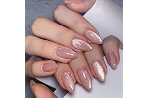 DMQ Cat Eye False Nails, 24Pcs Almond Press on Nails Medium Long, Pink Glitter Fake Nails, Oval Glossy Stick on Nail with Glue, Acrylic Full Cover Glue on Nail for Women Girls Nail Art