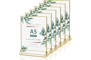 WenYa 6 Pack Gold Picture Frames Double Sided, A5 Acrylic Gold Borders Wedding Table Numbers, 16x21cm Clear Easel Table Stands, Menu Holder for Restaurant Signs Display