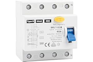 Warmfay® FI Schutzschalter Typ B 40A 30mA 4 Polig, VDE Zertifizierung Fehlerstromschutzschalter RCD Allstromsensitiver Schalter Automat Sicherun für Wallboxen Ladestationen, DIN Hutschiene Montage