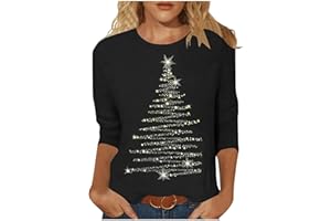 Weihnachtsshirt Damen 3/4 Arm Rundhals Christmas Shirt Lustig Weihnachts Tshirt Elegant Weihnachtspullover Herbst Langarmshirt Baumwolle Oberteile, S-3XL