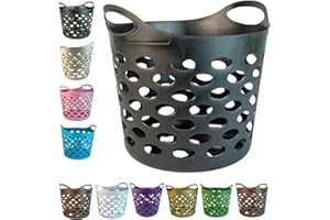 OCEANEVO Plastic Laundry Basket With Handles Flexi Large Storage Round Hipster Hamper For Clothes Nursery & Home Organisation 13 Colours 30L (Black)