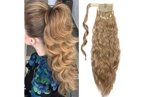 20"(50cm) SEGO Coleta Postiza Rizada de Pelo Sintético con [Magia del Bolsillo] Se Ve Natural Extensiones de Cabello Clip Larga Corn Wave Ponytail [Castaño Ceniza/Blanqueador Rubio]