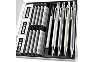 Four Candies Juego de 4 portaminas de 0,9 mm, lápices de metal con 8 tubos HB #2 plomo, 3 gomas de borrar 4B y estuche, lápices mecánicos para escribir y dibujar